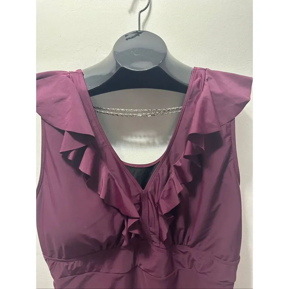 BloomChic Size 26 Deep Red Ruffle Trim Ruched One Piece Swimsuit NWT